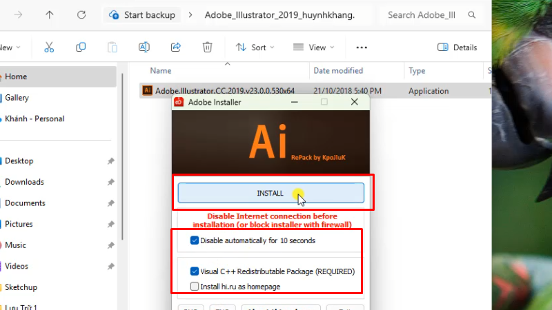 Adobe Illustrator 2019: Hướng Dẫn Toàn Diện 13 Tích như hình và bấm Install